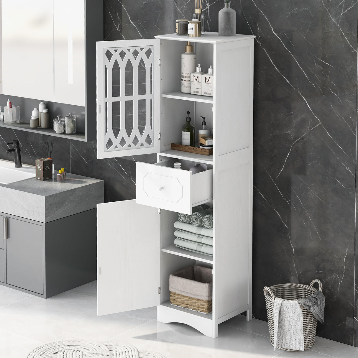 Tall Bathroom Cabinet, Freestanding Storage Cabinet with Drawer and Doors, MDF Board, Acrylic Door, Adjustable Shelf, White - V.I.P Digital Presence