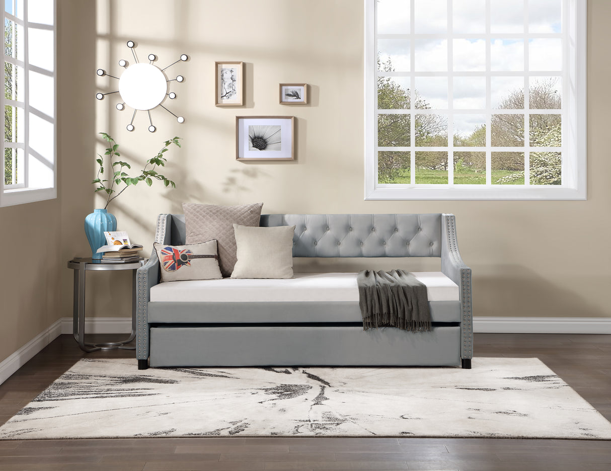 Twin Size Upholstered Daybed with Trundle Sturdy Wood Bedframe w/ Bedframe Tufted Button & Copper Nail on Arms Design - V.I.P Digital Presence