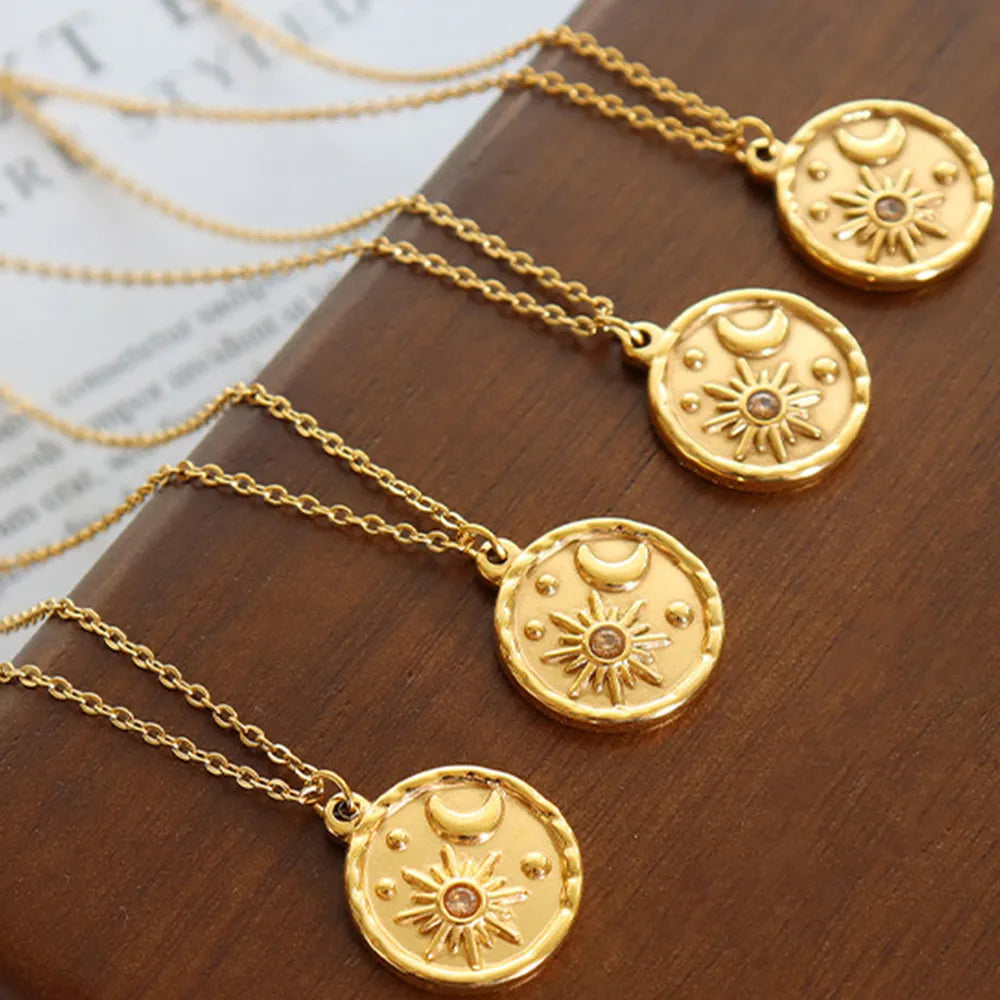 Zircon Star Moon Romantic Necklace Titanium Steel Gold Plated Round Pendant Neck Chain - V.I.P Digital Presence