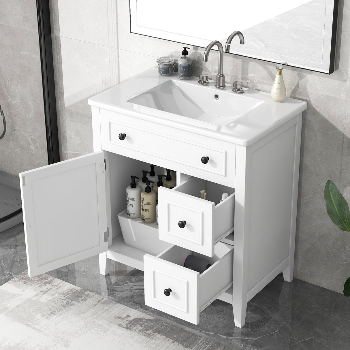 30" Bathroom Vanity with Sink Top, Bathroom Vanity Cabinet with Door and Two Drawers, Solid Wood Frame, One Package, White - V.I.P Digital Presence