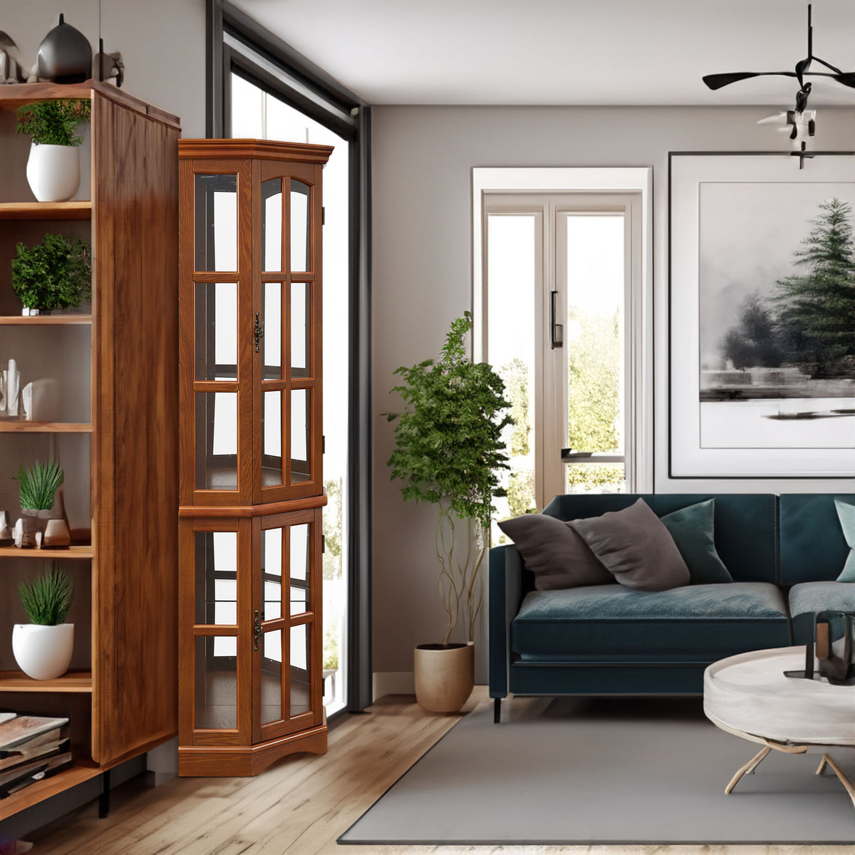 Corner Curio Cabinet with 5 Shelves and Lighting System, Oak(E26 light bulb not included) - V.I.P Digital Presence
