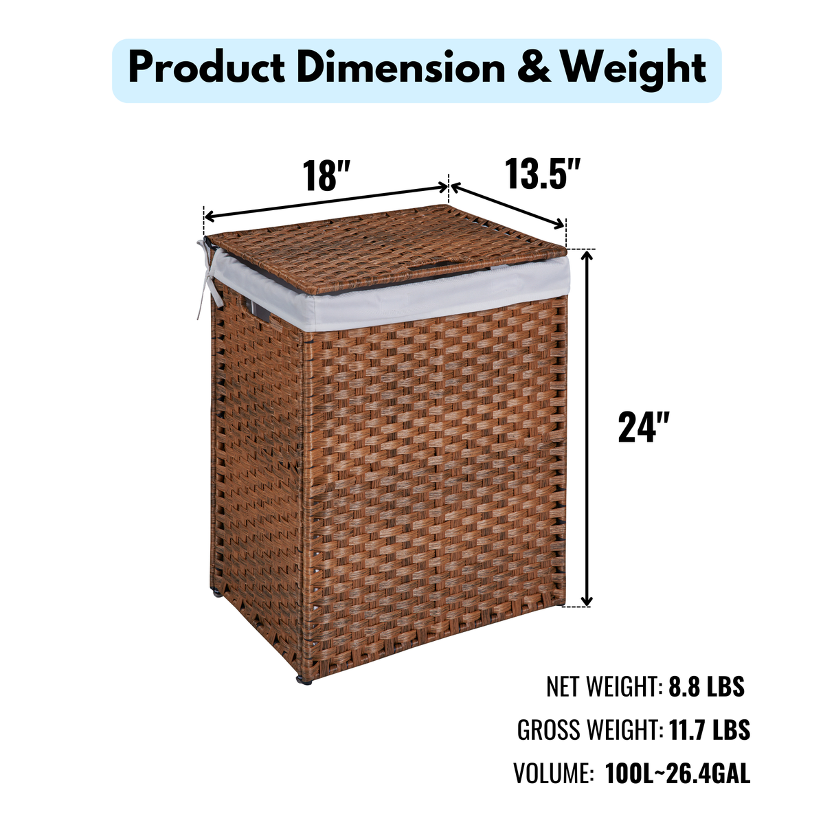 Laundry Hamper With Lid PE Rattan Powder Coating Frame Clothes Hampers with 02 Removable Bags, 100L, Brown Color - V.I.P Digital Presence