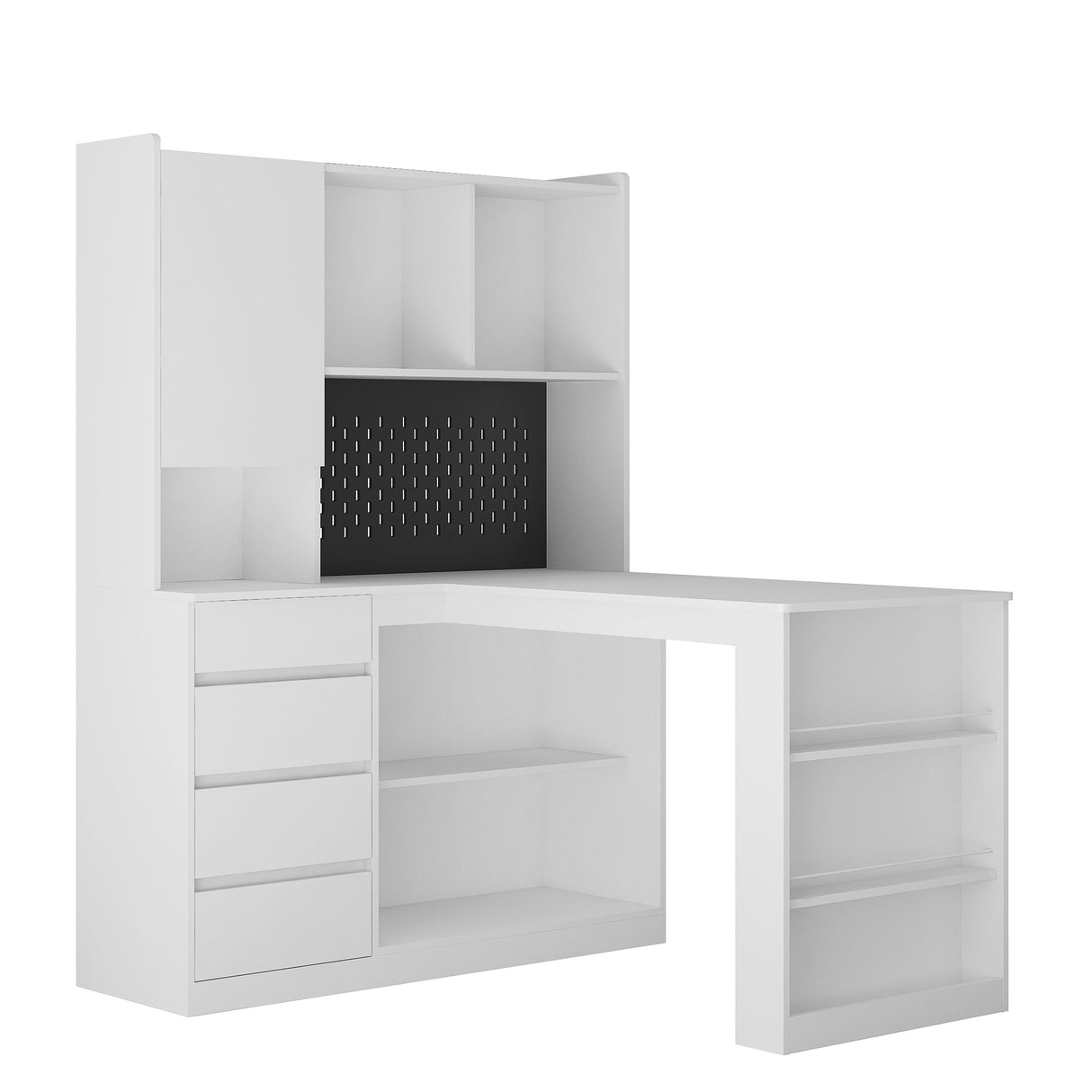 L-shaped office desk with charger, bookshelf with drawers and LED lights, and corner gaming computer desk with storage space - V.I.P Digital Presence