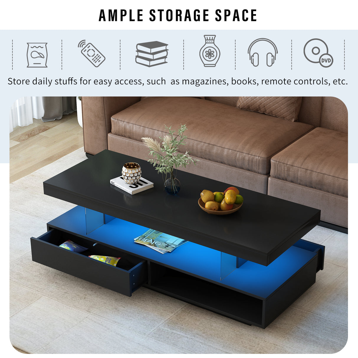 U-Can LED coffee table with storage space, modern central table with 2 drawers and display rack, equipped with LED lights, black - V.I.P Digital Presence