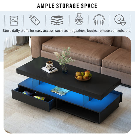 U-Can LED coffee table with storage space, modern central table with 2 drawers and display rack, equipped with LED lights, black - V.I.P Digital Presence