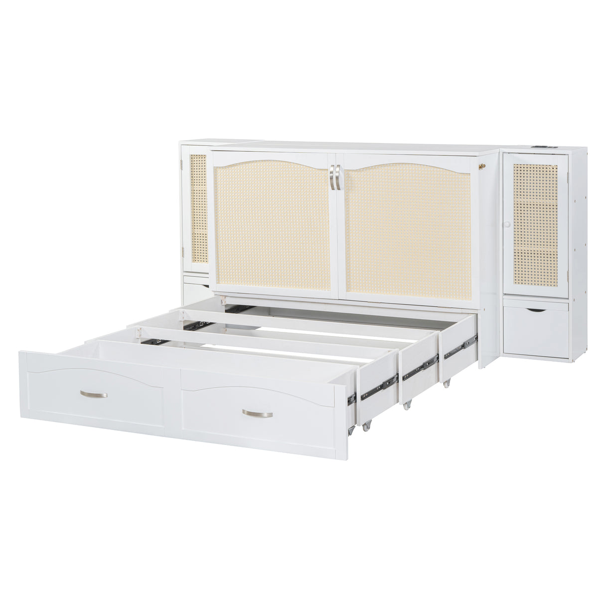Large Murphy bed wall mounted bed with drawers, 2 storage cabinets, 1 set of sockets and USB ports, white - V.I.P Digital Presence