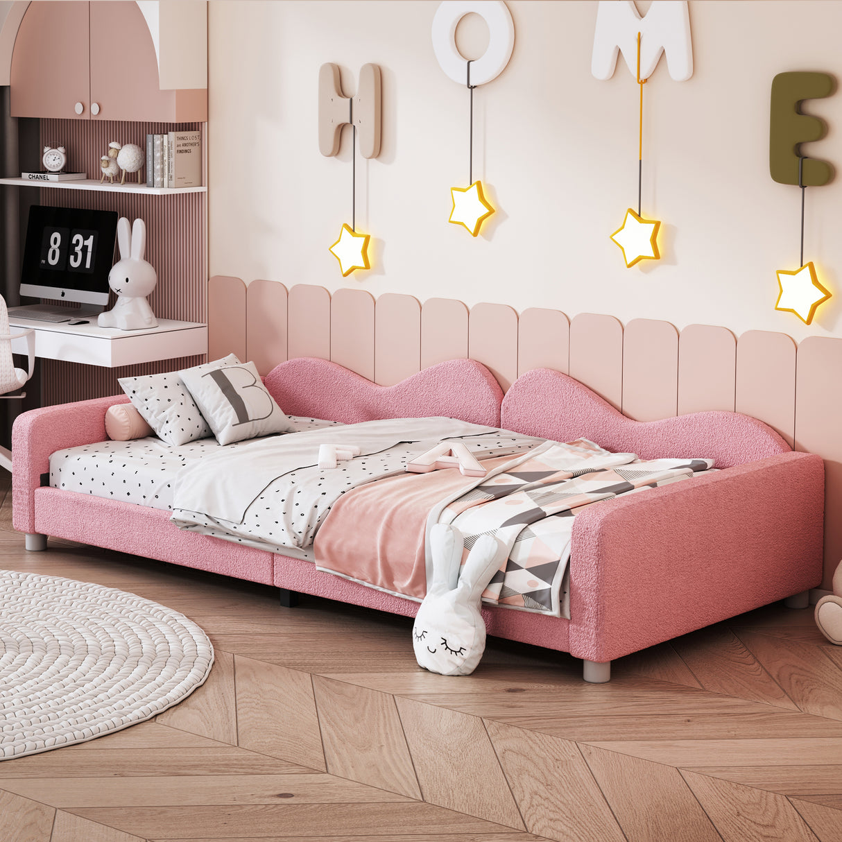 Twin size Upholstered Daybed, Sherpa Fabric Sofabed with Cloud-Shaped Backrest, No Box-spring Needed, Pink - V.I.P Digital Presence