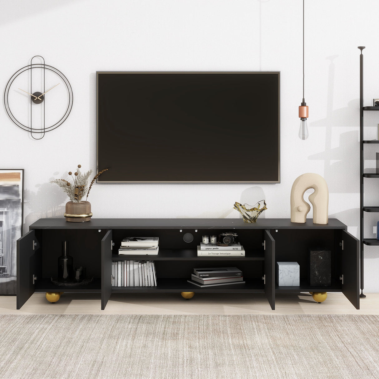 U-Can modern TV stand is suitable for TVs under 75 inches and comes with a storage cabinet top marble pattern and circular stand - V.I.P Digital Presence