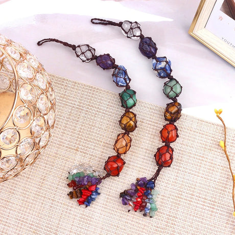 Natural crystal seven color rolling stone car hanging hand woven energy stone shaped mesh bag pendant - V.I.P Digital Presence