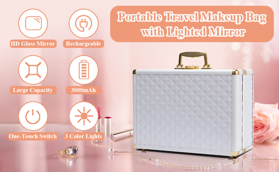 Portable makeup case, travel makeup bag with LED mirror, locked makeup storage box, brush holder, divider, rechargeable, white - V.I.P Digital Presence