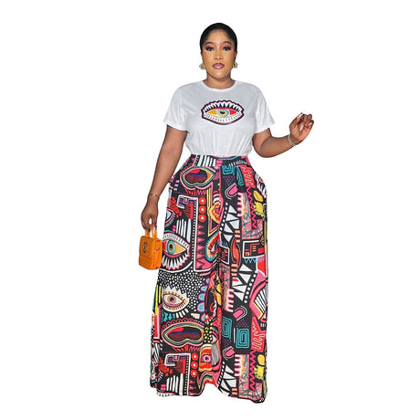 Printed Two-Piece Set Round Neck Short Sleeve Top Loose Comfortable Long Pants Wide Leg Pants Women's Clothing - V.I.P Digital Presence