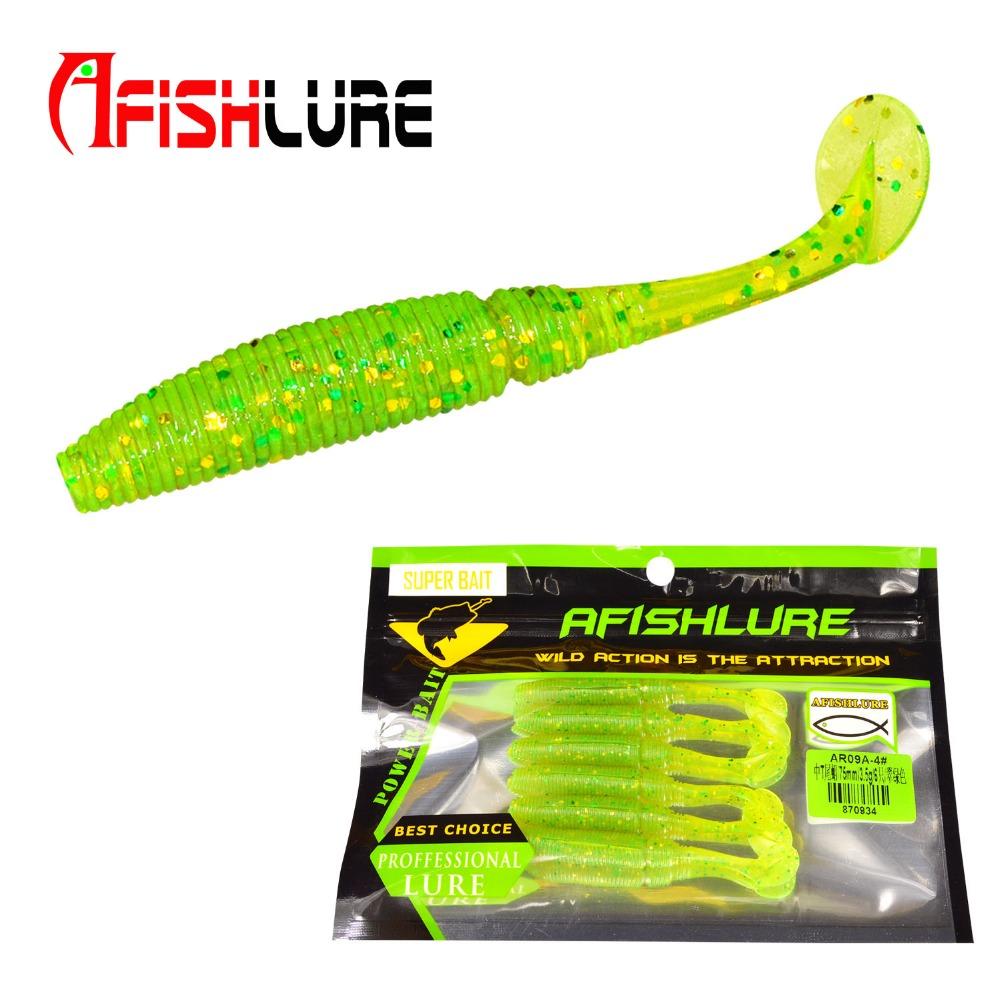 AFISHLURE 6 piezas/lote T Tail Soft Worm 3,2 g 75 mm Paddle wobbler señuelo de pesca para lubina cebo de pesca Grub Swimbait 