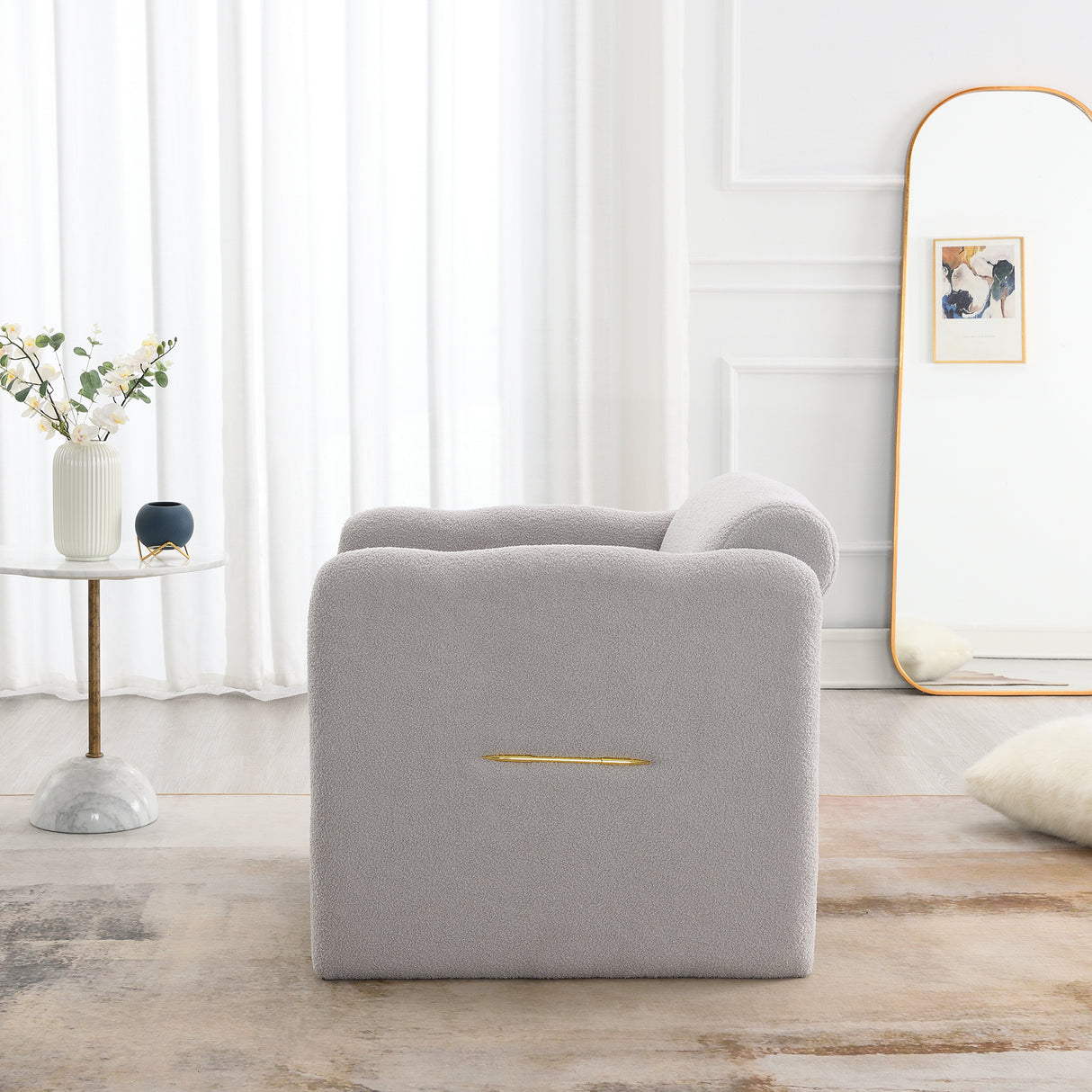 Armchair with wavy armrests, metal decorations on both sides of the armrests, made of Teddy cloth, light gray - V.I.P Digital Presence
