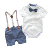 Male baby infant two-piece summer climbing suit with collar, gentleman's white shirt, overalls, tie dress, British style - V.I.P Digital Presence