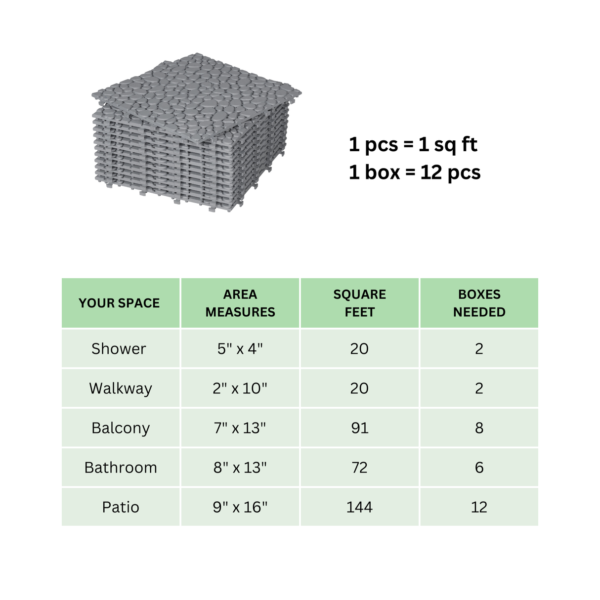 12 x 12 inch gray interlocking deck tiles, plastic waterproof pebble pattern, pack of 12 pieces - V.I.P Digital Presence