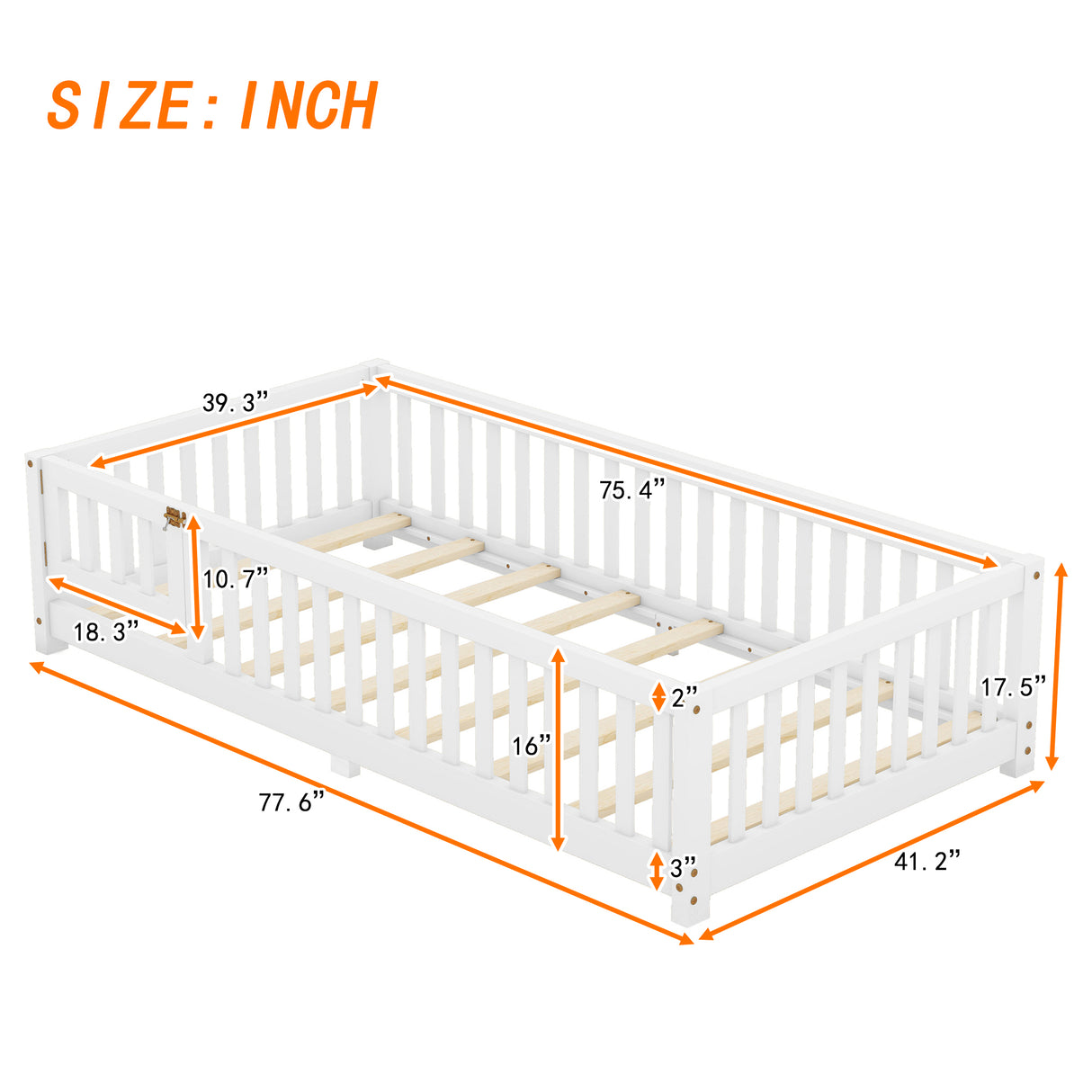 Twin Size Bed Floor Bed with Safety Guardrails and Door for Kids, White - V.I.P Digital Presence