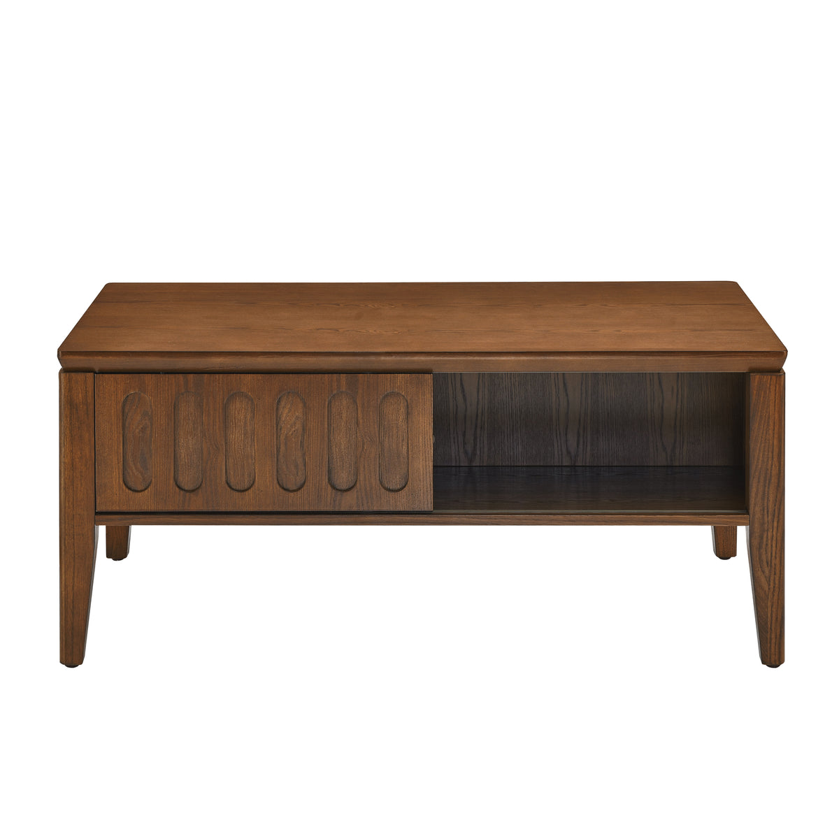 Medieval modern flute coffee table with storage sliding door and solid wood legs, vintage farmhouse wood central table - V.I.P Digital Presence