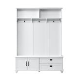 ON-TREND Modern Style Hall Tree with Storage Cabinet and 2 Large Drawers, Widen Mudroom Bench with 5 Coat Hooks, White - V.I.P Digital Presence