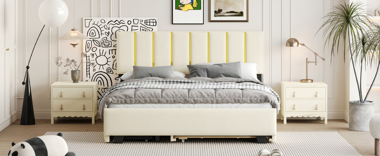 Queen Size Upholstered Platform Bed with 2 Drawers and 1 Trundle, Classic Metal Strip Headboard Design, Beige - V.I.P Digital Presence