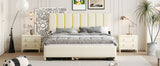 Queen Size Upholstered Platform Bed with 2 Drawers and 1 Trundle, Classic Metal Strip Headboard Design, Beige - V.I.P Digital Presence