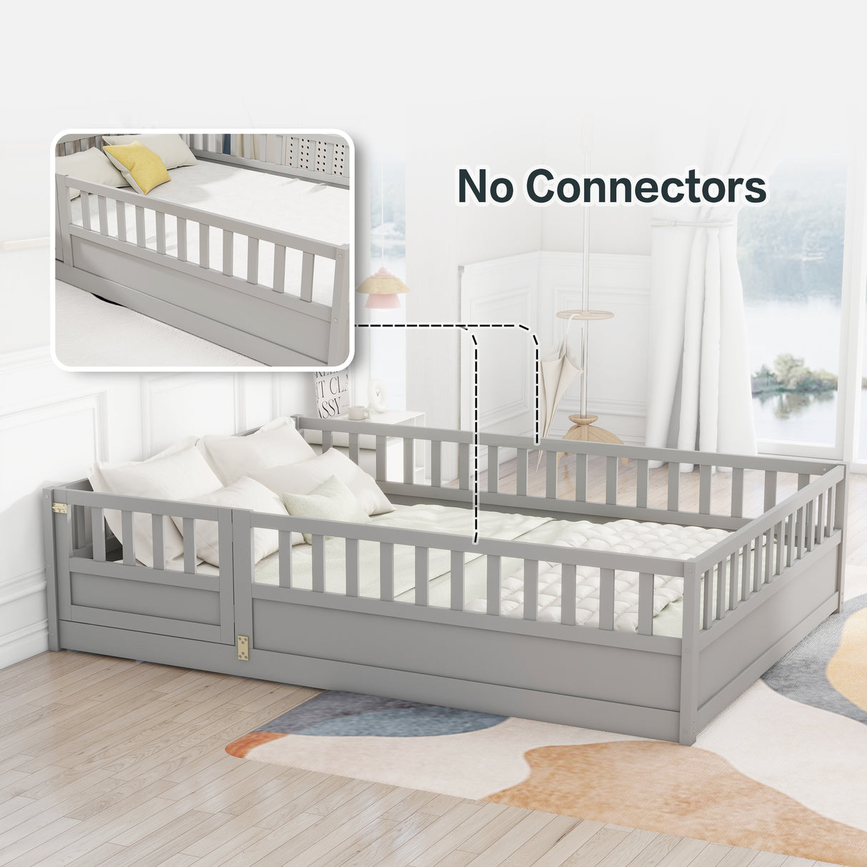 Full size floor bed, children's floor bed frame, Montessori wood floor bed, support Flat noodles gray - V.I.P Digital Presence