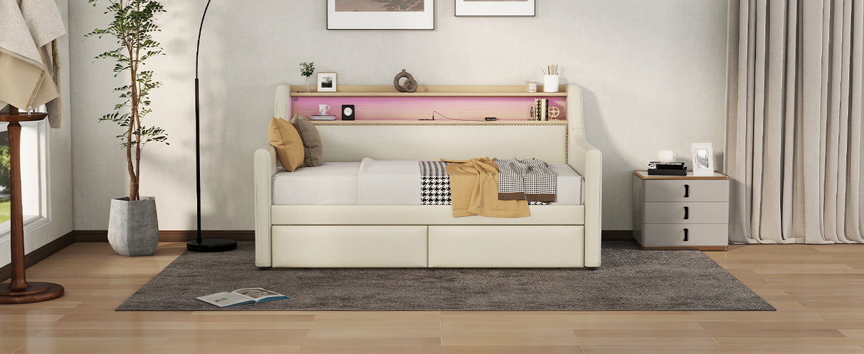 Twin Size Daybed with Storage Drawers, Upholstered Daybed with Charging Station and LED Lights, Beige - V.I.P Digital Presence