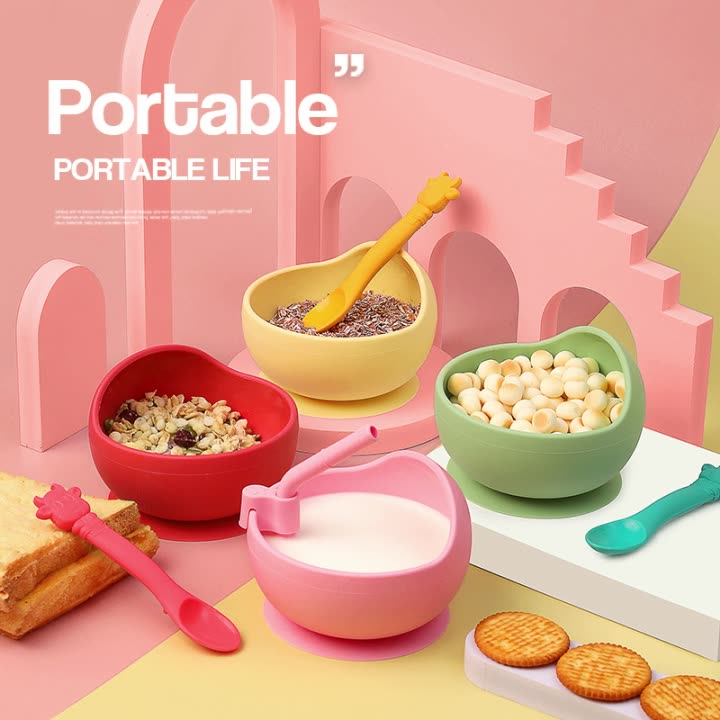 Cuenco de silicona completo para niños con ventosa para aprender a comer, cuenco de entrenamiento, cuchara, tenedor y plato para bebés con adsorción 