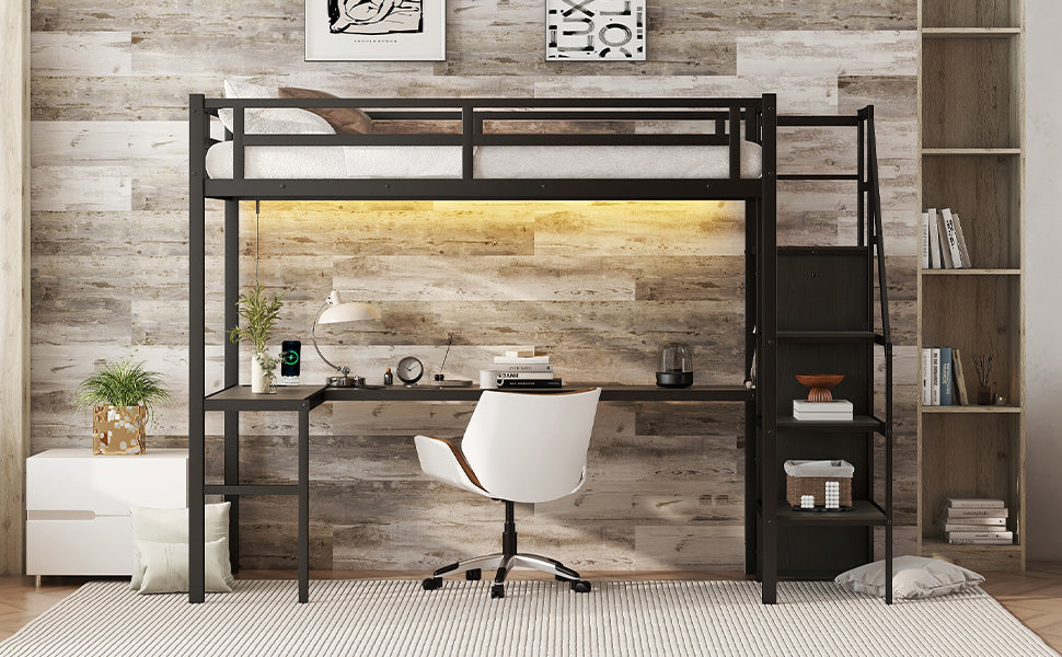 Twin XL loft bed with L-shaped desk and USB, metal loft bed with wardrobe and adjustable shelf, LED loft bed, black - V.I.P Digital Presence
