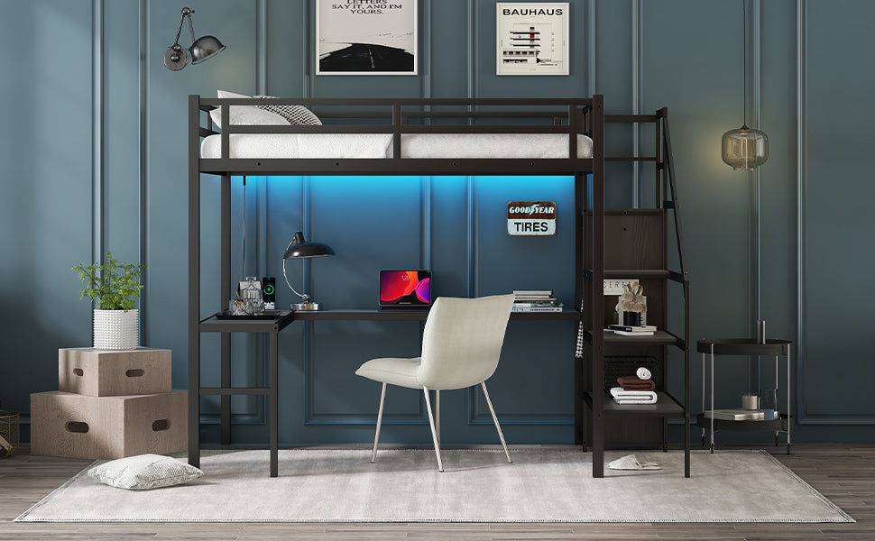 Full sized loft bed with L-shaped desk and USB, metal loft bed with wardrobe and adjustable shelf, black color - V.I.P Digital Presence