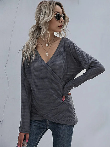 Waffle-Knit Surplice Long Sleeve Top - V.I.P Digital Presence