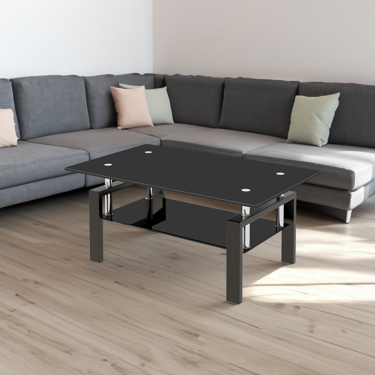 Black Tempered Glass Coffee Table, 2 Layer Storage Tea Table - V.I.P Digital Presence