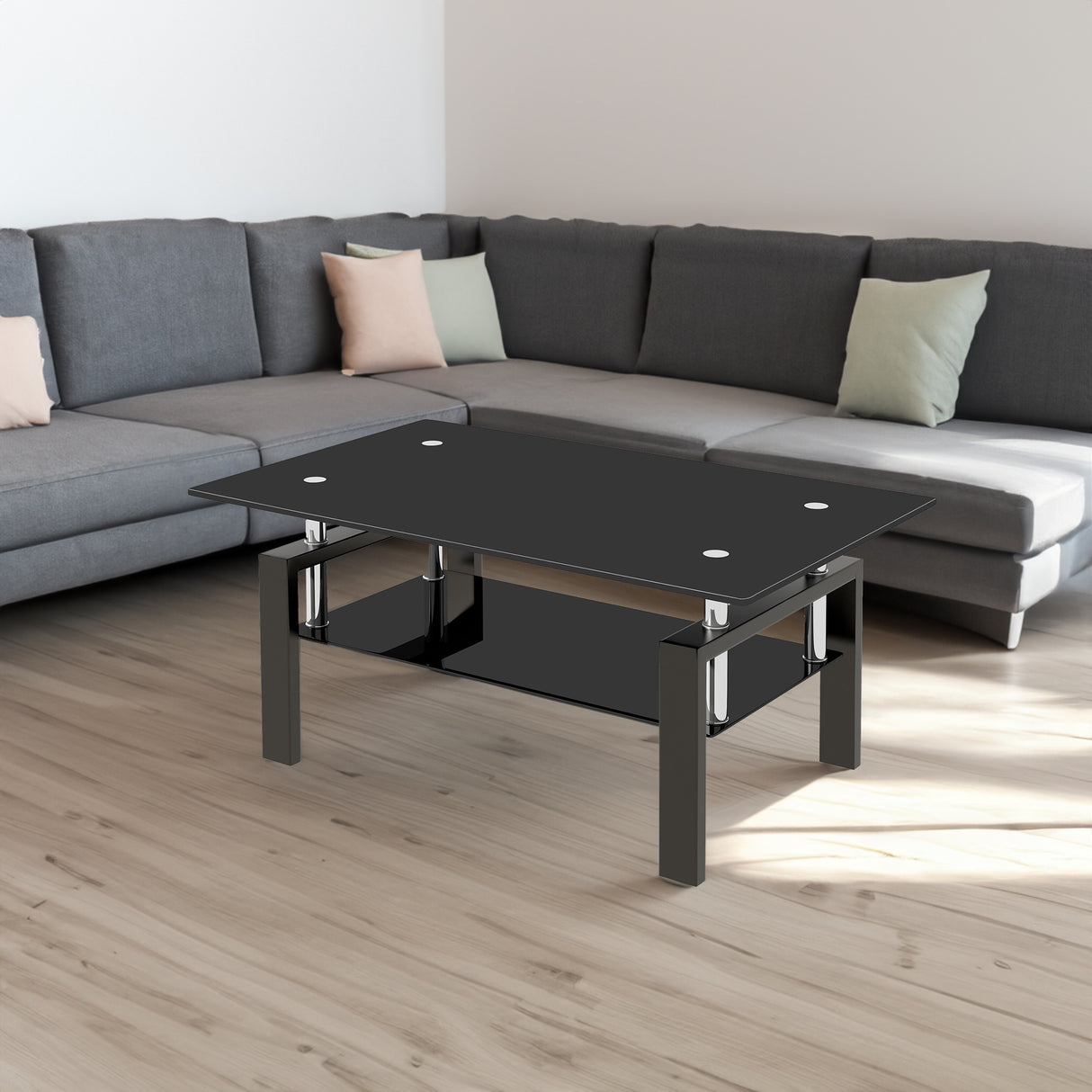 Black Tempered Glass Coffee Table, 2 Layer Storage Tea Table - V.I.P Digital Presence