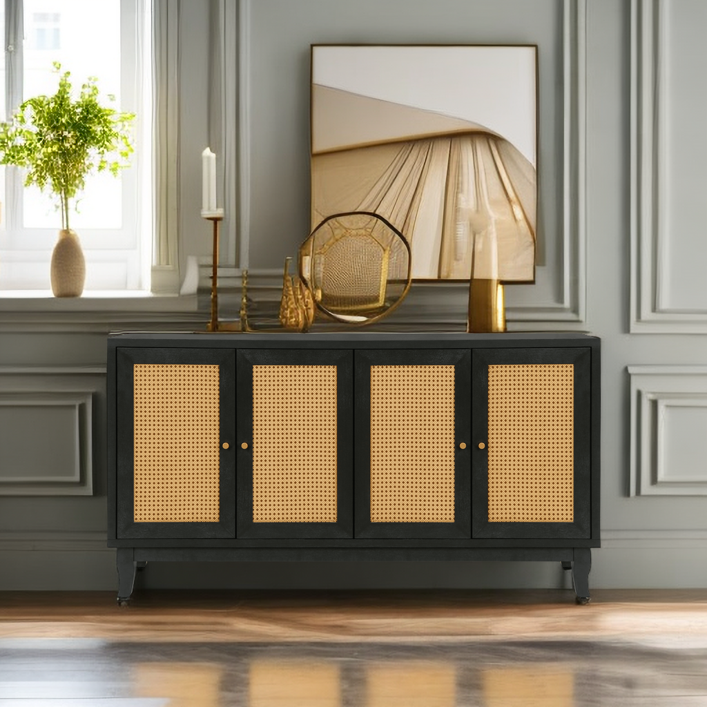 Handcrafted Premium Grain Panels Rattan Sideboard Buffer Cabinet Accent Storage Cabinet With 4 Rattan Doors BLACK - V.I.P Digital Presence
