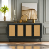 Handcrafted Premium Grain Panels Rattan Sideboard Buffer Cabinet Accent Storage Cabinet With 4 Rattan Doors BLACK - V.I.P Digital Presence