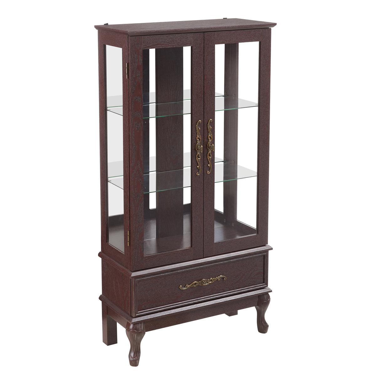 Curio cabinet lighting glass cabinet with adjustable glass frame, 2 doors and 1 drawer with light bulb, dark cherry color - V.I.P Digital Presence