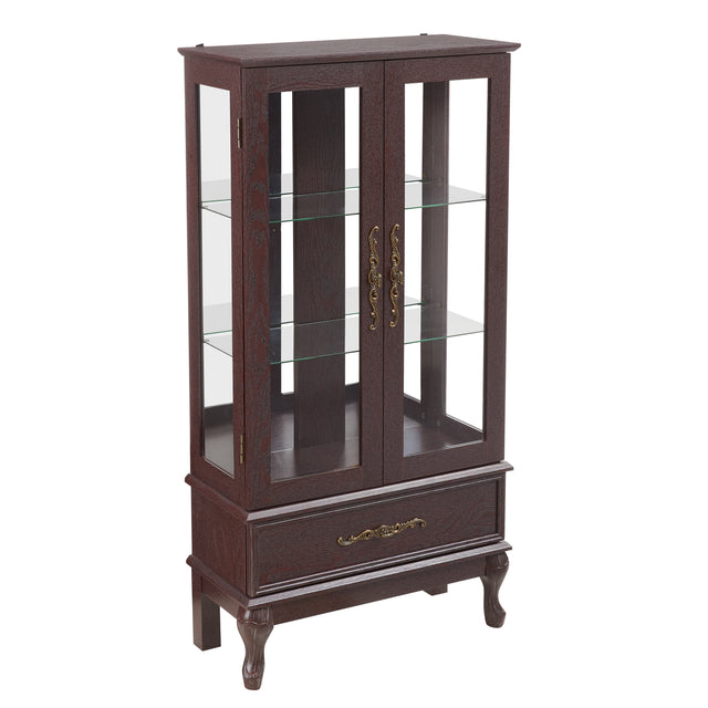 Curio cabinet lighting glass cabinet with adjustable glass frame, 2 doors and 1 drawer with light bulb, dark cherry color - V.I.P Digital Presence