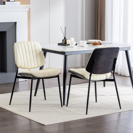 2-piece retro linen chair set with curved wooden backrest, cushioned seat, adjustable metal legs, (Beige PU) - V.I.P Digital Presence