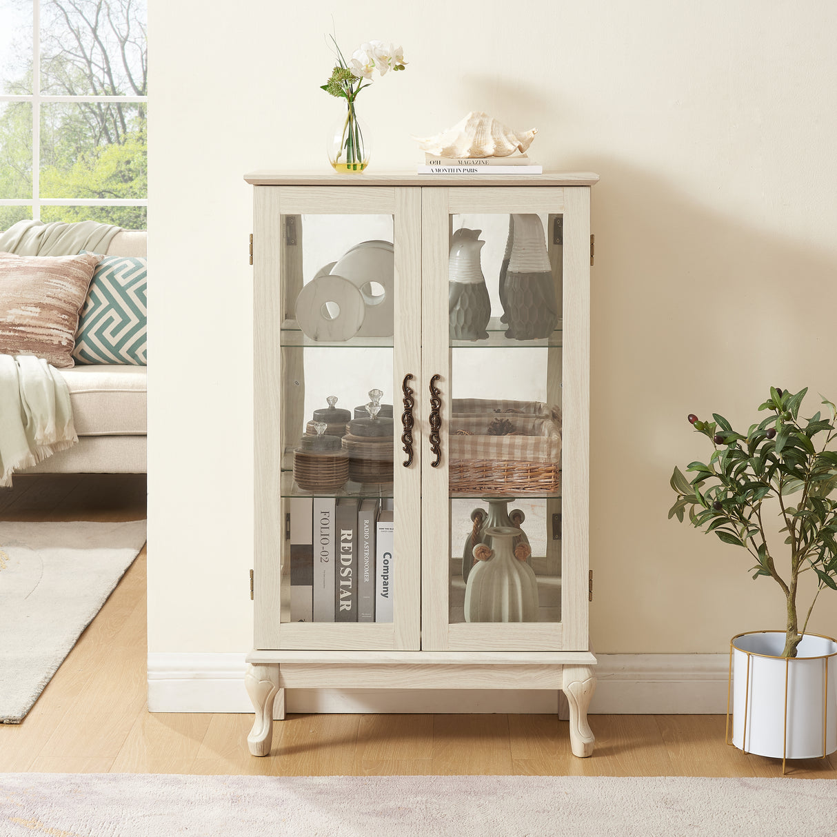 Dual door Curio cabinet with tempered glass door mirror back panel and adjustable shelf display cabinet with light bulbs, white - V.I.P Digital Presence