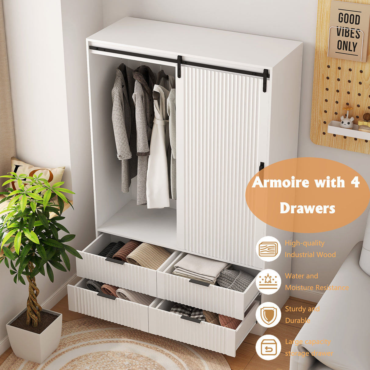 Tall Bedroom Armoire Wardrobe Closet Clothing Storage Cabinet with Hanging Rod Barn Door Drawers Open Shelves,White - V.I.P Digital Presence