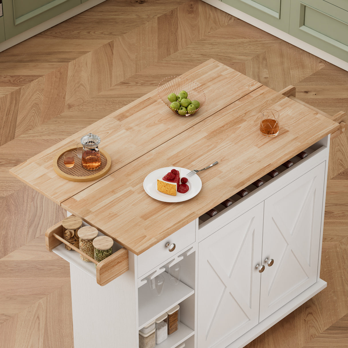 44 Inch Kitchen Island Cart with Solid Wood Top, Wine Storage, Spice Rack, Towel Rack, Wine Glass Holder White & Oak - V.I.P Digital Presence