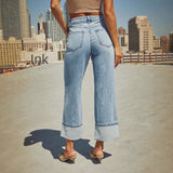 Straight leg jeans women's retro rolled edge high waisted pants - V.I.P Digital Presence
