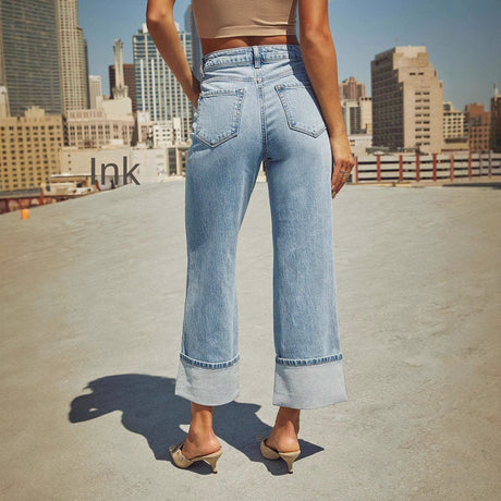 Straight leg jeans women's retro rolled edge high waisted pants - V.I.P Digital Presence