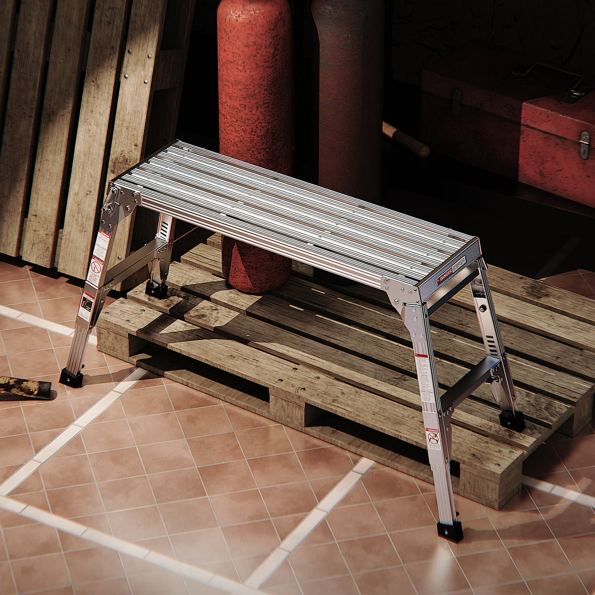 Aluminum Work Platform Large Size Step Stool Folding Portable Work Bench 40" Width Telescopic Feet 22" -27.5" Height Adjustable - V.I.P Digital Presence