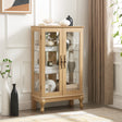 Dual door Curio cabinet with tempered glass doors, mirrored back panel and adjustable shelves, home lighting display cabinet Oak - V.I.P Digital Presence