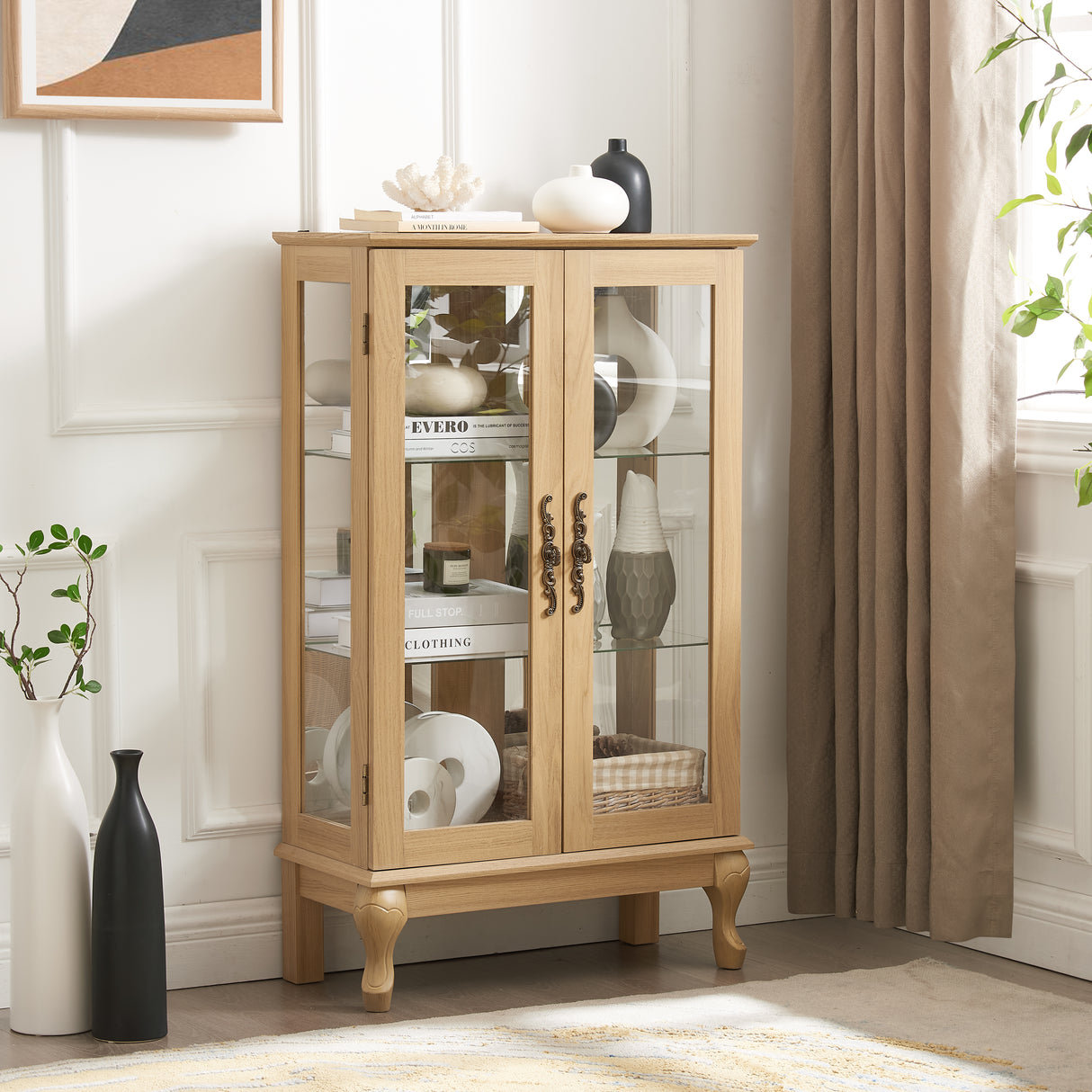 Dual door Curio cabinet with tempered glass doors, mirrored back panel and adjustable shelves, home lighting display cabinet Oak - V.I.P Digital Presence