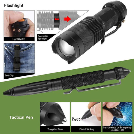 Military-grade outdoor travel survival kit with mini camping tools, emergency bracelet, whistle, blanket and knife. - V.I.P Digital Presence