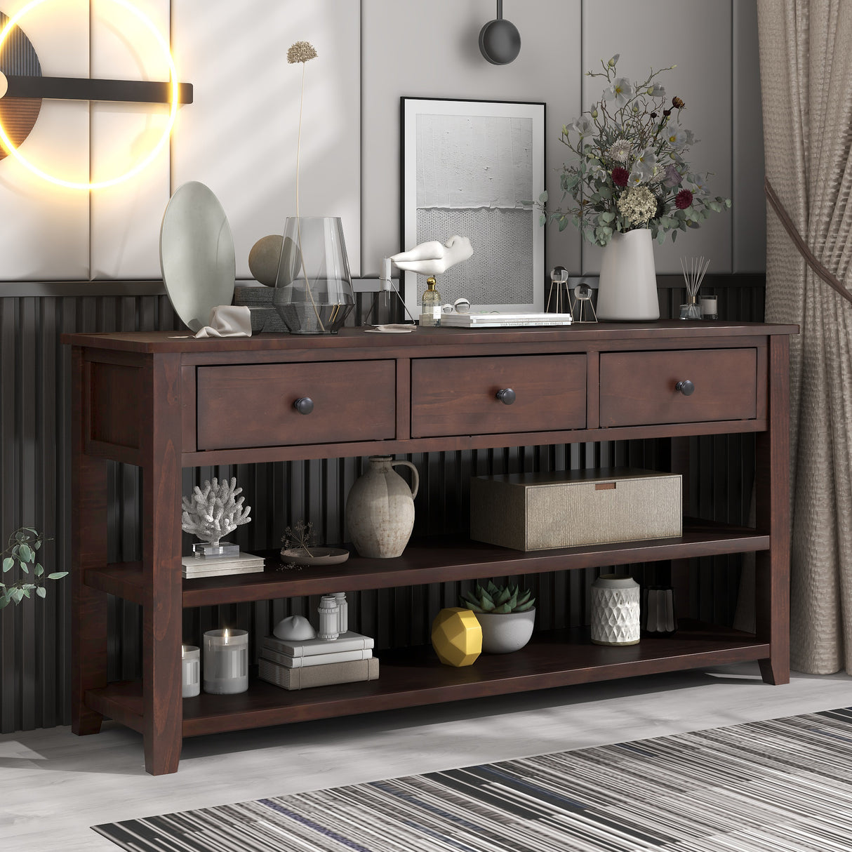 Retro Design Console Table with Two Open Shelves, Pine Solid Wood Frame and Legs for Living Room (Espresso) - V.I.P Digital Presence