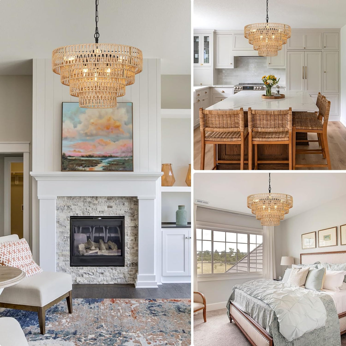 6-Light Dining Room Light Fixture, Wicker Pendant Lighting with 4-Tier Woven Lampshade, Large Farmhouse Chandeliers (20") - V.I.P Digital Presence