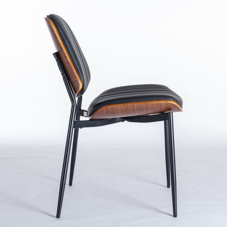 2-piece retro linen chair set with curved wooden backrest, cushioned seat, adjustable metal legs, (Black PU) - V.I.P Digital Presence