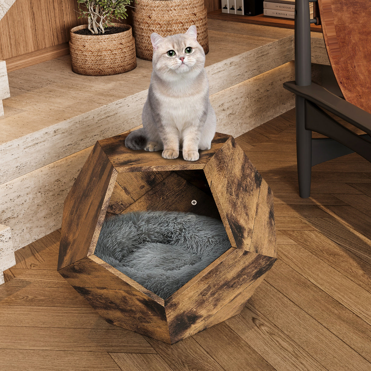 25.98'' Shaped Modern Pet Furniture Cat Kennel Side Table MDF Multi-Purpose Furniture Antique Wood Color - V.I.P Digital Presence